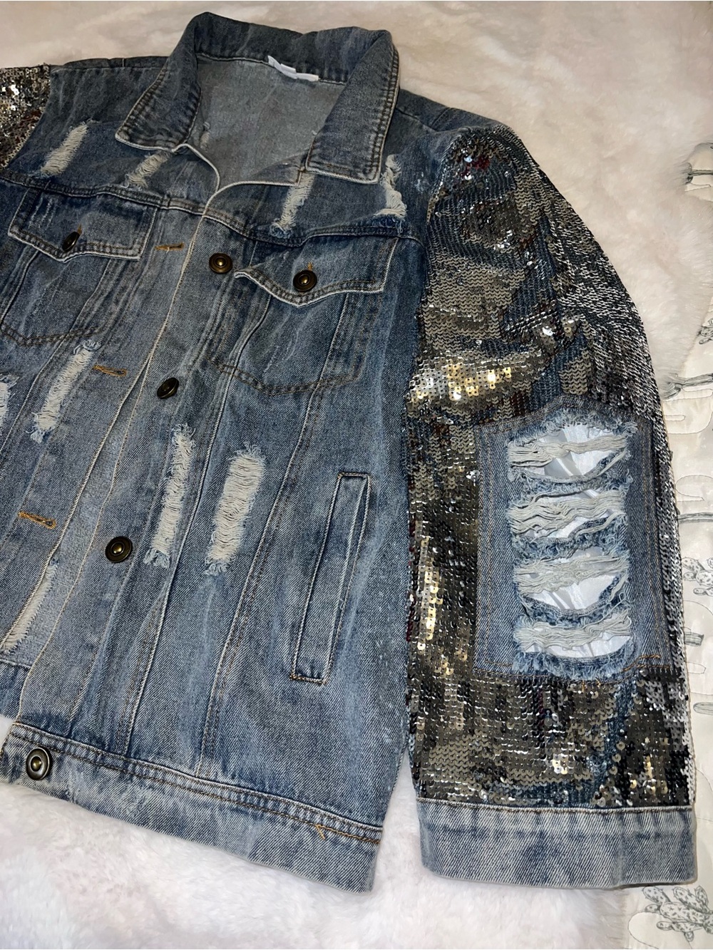 MACARON Light Blue Distressed Denim Jacket with Silver Sequin Sleeve